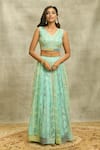 Shop_Alaya Advani_Blue Blouse Silk Embroidery Mirror V Neck Chevron Lehenga Set _Online_at_Aza_Fashions