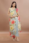 Whimsical By Shica_Grey Organza Satin Printed Dot V Neck Saree Draped Jumpsuit _at_Aza_Fashions