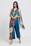 Buy_Whimsical By Shica_Blue Organza Satin Printed Dot V Neck Saree Draped Jumpsuit _at_Aza_Fashions