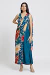 Whimsical By Shica_Blue Organza Satin Printed Dot V Neck Saree Draped Jumpsuit _at_Aza_Fashions