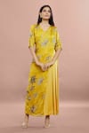 Whimsical By Shica_Yellow Organza Satin Printed Maple Dot V Neck Saree Draped Jumpsuit _at_Aza_Fashions