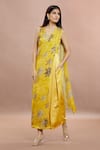 Buy_Whimsical By Shica_Yellow Organza Satin Printed Maple Dot V Neck Saree Draped Jumpsuit _at_Aza_Fashions