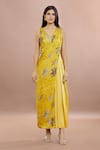 Whimsical By Shica_Yellow Organza Satin Printed Maple Dot V Neck Saree Draped Jumpsuit _at_Aza_Fashions