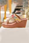 Shop_Shradha Hedau Footwear Couture_Peach Embellished Georgia Pearl Kolhapuri Wedges _at_Aza_Fashions