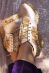 Shop_Shradha Hedau Footwear Couture_Gold Embellished Mia Sequin Sneaker Wedges_at_Aza_Fashions