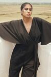 COUCHÉ BY ANANDINI_Black Cotton, Lycra, Lace Embroidery V-neck Draped Jumpsuit _Online_at_Aza_Fashions