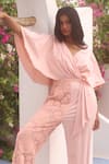 Shop_COUCHÉ BY ANANDINI_Pink Cotton, Lycra, Lace Embroidery V-neck Placement Draped Jumpsuit _at_Aza_Fashions