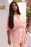 COUCHÉ BY ANANDINI_Pink Cotton, Lycra, Lace Embroidery V-neck Placement Draped Jumpsuit _Online_at_Aza_Fashions