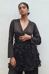 Couche_Black Cotton Lycra Floral Notched Wrap Jacket Pant Set _Online_at_Aza_Fashions