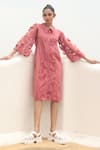 Buy_Couche_Pink Cotton Lycra Floral Applique Shirt Dress  _at_Aza_Fashions