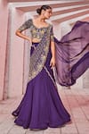 Miku Kumar_Purple Silk, Georgette Sequins, Embroidery V-neck Pre-draped Saree With Blouse _Online_at_Aza_Fashions