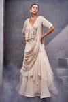 Buy_Miku Kumar_Ivory Net, Georgette, Viscose Tassels, Embroidery Blouse And Pre-draped Saree Set _Online_at_Aza_Fashions