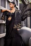 Shop_Miku Kumar_Black Georgette, Viscose Embroidery, Tassels Cape And Pre-draped Lehenga Saree Set _Online_at_Aza_Fashions