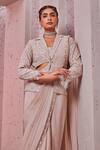 Miku Kumar_Ivory Georgette Embroidery, Sequins Collared Jacket And Pre-draped Saree Set _Online_at_Aza_Fashions