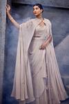 Miku Kumar_Ivory Georgette, Net Embroidery, Tassels Cape And Pre-draped Ruffle Saree Set _Online_at_Aza_Fashions