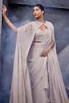 Buy_Miku Kumar_Ivory Georgette, Net Embroidery, Tassels Cape And Pre-draped Ruffle Saree Set _Online_at_Aza_Fashions