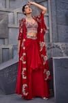 Buy_Miku Kumar_Red Viscose, Satin, Organza, Floral Thread Embroidered Jacket Cape Skirt Set _at_Aza_Fashions