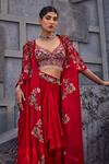 Miku Kumar_Red Viscose, Satin, Organza, Floral Thread Embroidered Jacket Cape Skirt Set _Online_at_Aza_Fashions