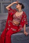 Buy_Miku Kumar_Red Viscose, Satin, Organza, Floral Thread Embroidered Jacket Cape Skirt Set _Online_at_Aza_Fashions