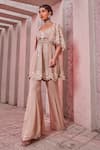 Miku Kumar_Ivory Net, Georgette, Viscose Cut Work, Sequins, Floral Cape Pant Set _Online_at_Aza_Fashions