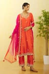 Shop_Surbhi Shah_Orange Silk, Organza Sequins, Embroidery Round Neck Hand Kurta Pant Set _Online_at_Aza_Fashions