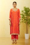 Surbhi Shah_Orange Silk, Organza Sequins, Embroidery Round Neck Hand Kurta Pant Set _at_Aza_Fashions