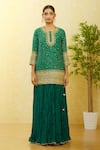 Surbhi Shah_Green Pure Tissue Printed Bandhej Round Kurta Crushed Skirt Set _at_Aza_Fashions