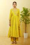 Surbhi Shah_Green Silk, Organza Embroidery, Mirrors V-neck Printed Angrakha Pant Set _Online_at_Aza_Fashions