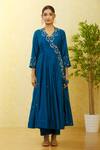 Surbhi Shah_Blue Silk, Organza Sequins, Embroidery V-neck Angrakha Pant Set _Online_at_Aza_Fashions