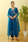Surbhi Shah_Blue Silk, Organza Sequins, Embroidery V-neck Angrakha Pant Set _at_Aza_Fashions