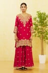 Surbhi Shah_Red Pure Chanderi Printed Floral And Mirror Work Kurta Sharara Set  _Online_at_Aza_Fashions