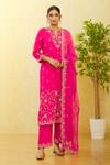 Shop_Surbhi Shah_Red Pure Spun Silk Hand Embroidered Floral Beads Kurta Pant Set  _Online_at_Aza_Fashions