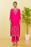 Surbhi Shah_Red Pure Spun Silk Hand Embroidered Floral Beads Kurta Pant Set  _at_Aza_Fashions