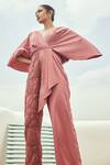 Couche_Pink Cotton Lycra And Lace Embroidered Floral Flared Sleeve Jumpsuit  _Online_at_Aza_Fashions