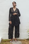 Buy_Couche_Black Cotton Lycra Floral Notched Wrap Jacket Pant Set _at_Aza_Fashions