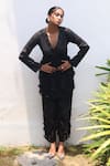 Shop_Couche_Black Cotton Lycra Floral Notched Wrap Jacket Pant Set _at_Aza_Fashions