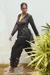Buy_Couche_Black Cotton Lycra Floral Notched Wrap Jacket Pant Set _Online_at_Aza_Fashions