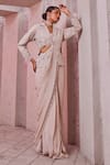 Buy_Miku Kumar_Ivory Georgette Embroidery, Sequins Collared Jacket And Pre-draped Saree Set _at_Aza_Fashions