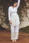 Buy_Couche_Ivory Cotton Lycra Embroidered Wrap-over Applique Jacket And Pant Set  _at_Aza_Fashions