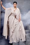 Shop_Miku Kumar_Ivory Georgette, Net Embroidery, Tassels Cape And Pre-draped Ruffle Saree Set _Online_at_Aza_Fashions