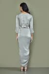 Shop_Khwaab by Sanjana Lakhani_Grey Sweat Satin Embroidered Bead Round Draped Dress With Belt _at_Aza_Fashions