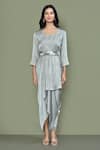 Khwaab by Sanjana Lakhani_Grey Sweat Satin Embroidered Bead Round Draped Dress With Belt _Online_at_Aza_Fashions