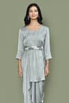 Buy_Khwaab by Sanjana Lakhani_Grey Sweat Satin Embroidered Bead Round Draped Dress With Belt _Online_at_Aza_Fashions