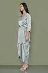 Shop_Khwaab by Sanjana Lakhani_Grey Sweat Satin Embroidered Bead Round Draped Dress With Belt _Online_at_Aza_Fashions