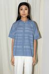 Leh Studios_Blue Cotton Bandeau Neck Block Shirt _Online_at_Aza_Fashions