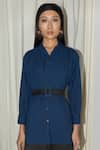 Leh Studios_Blue Rayon Buckles Collared Broken Fence Color Block Shirt Dress _Online_at_Aza_Fashions