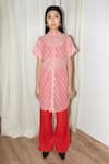 Buy_Leh Studios_Pink Lace Floral Pattern Band Collar Shirt Dress  _at_Aza_Fashions