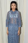 Leh Studios_Blue Lace Floral Pattern Band Collar Sculpture Dress  _Online_at_Aza_Fashions