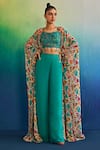 Buy_DiyaRajvvir_Blue Georgette And Crepe Print Floral Bustier Round Neck Broken Cape Pant Set _at_Aza_Fashions