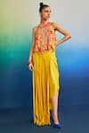 Buy_DiyaRajvvir_Yellow Georgette And Modal Print Floral Halter Neck Broken Top With Skirt _at_Aza_Fashions